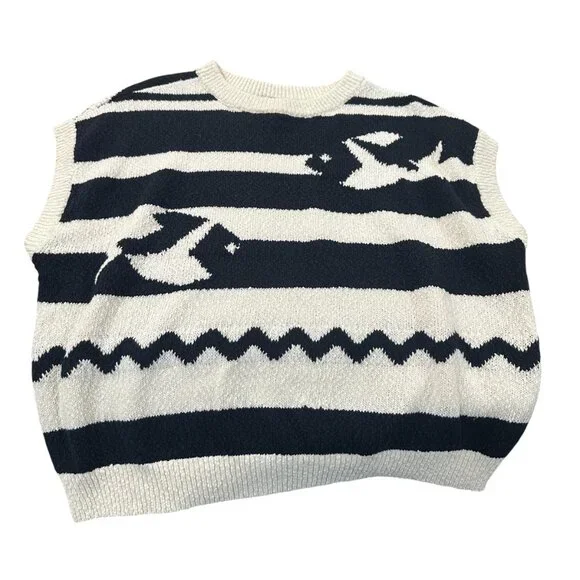 Maeve Anthropologie Navy Fish motif cap sleeve sweater LP - Picture 2 of 7